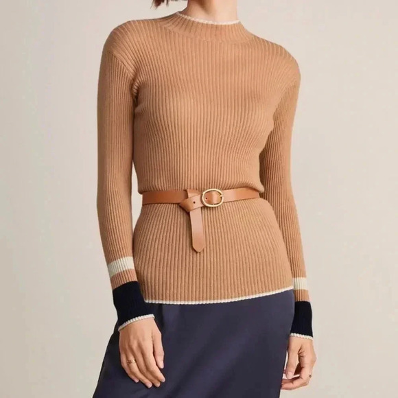 Vineyard Vines 100% Cashmere Tan & Navy Stripe Ribbed Nock Neck Sweater - XS - Picture 1 of 11